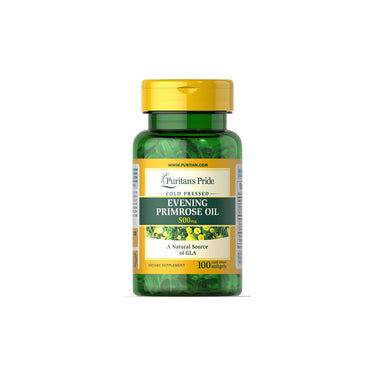 A bottle of Evening Primrose Oil 500 mg with GLA 100 Rapid Release Softgels by Puritan's Pride on a white background.